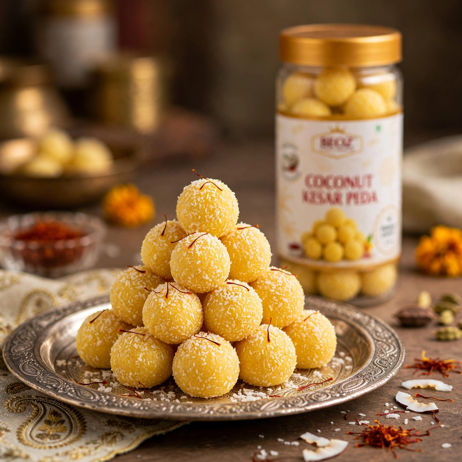 BEOZ Coconut Kesar Peda – Premium Coconut & Saffron Indian Sweet