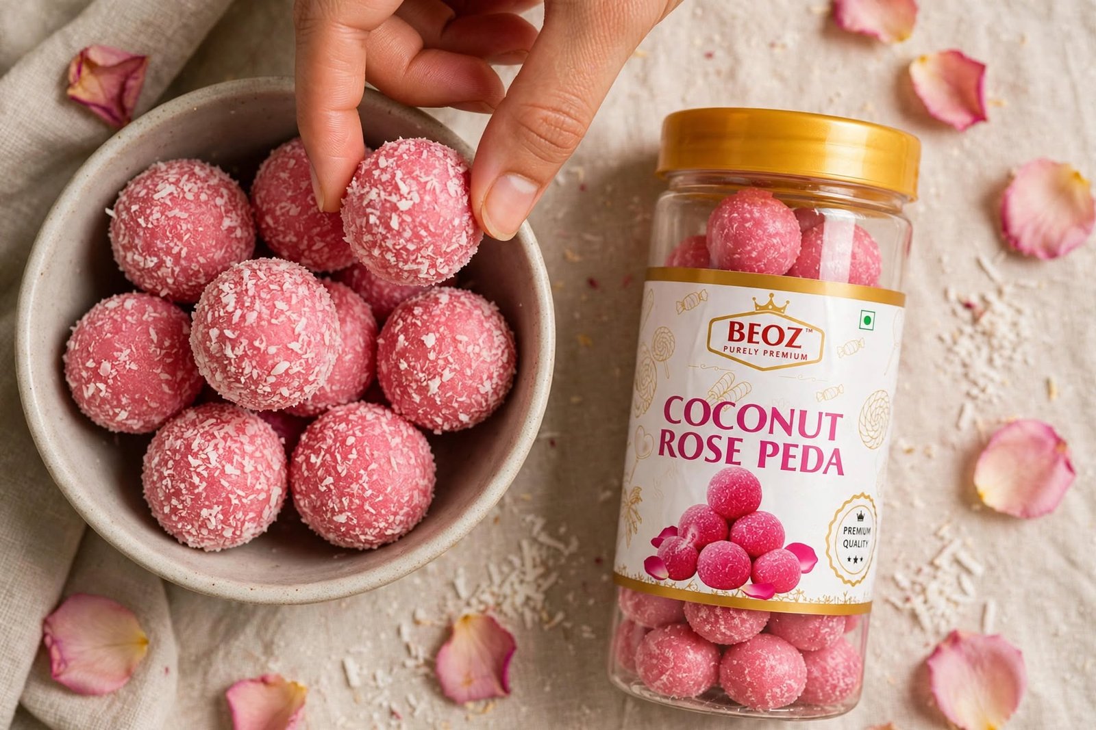 BEOZ Coconut Rose Peda – Premium Coconut & Rose Indian Sweet