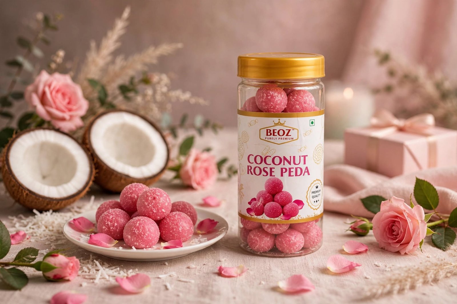 BEOZ Coconut Rose Peda – Premium Coconut & Rose Indian Sweet