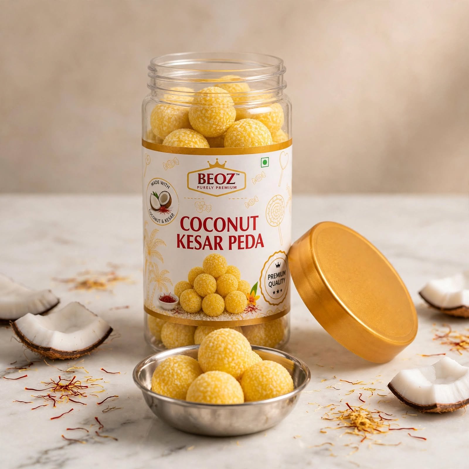 BEOZ Coconut Kesar Peda – Premium Coconut & Saffron Indian Sweet